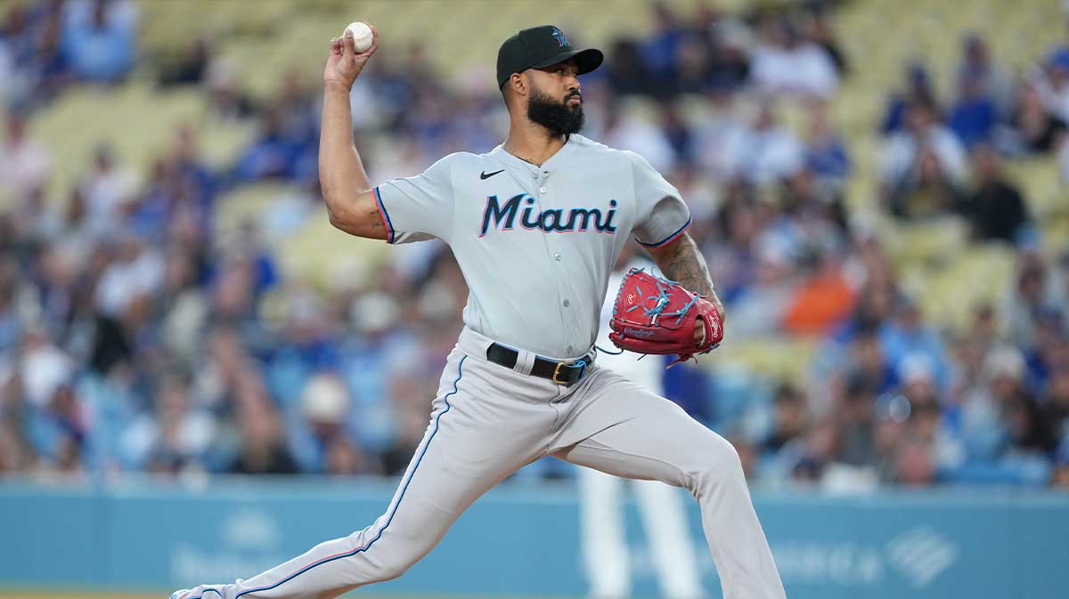 Miami Marlins pitcher Sandy Alcantara (22) throws during the first inning against the Los Angeles Dodgers at Dodger Stadium.