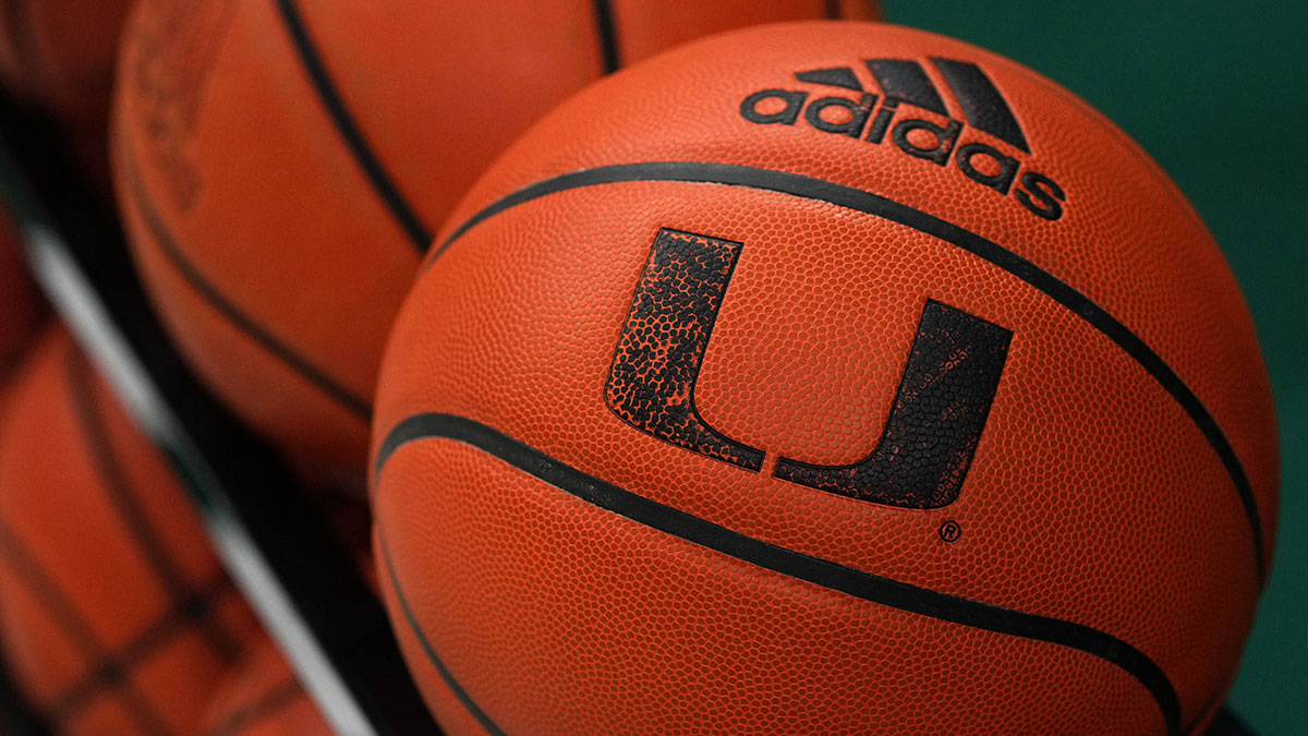 A general view of a rack of Miami Hurricanes basketballs on the court prior to the game between the Miami Hurricanes and the Syracuse Orange at Watsco Center.