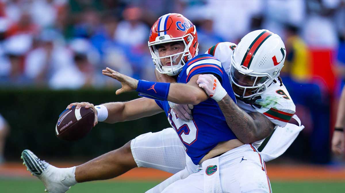 Miami Hurricanes defensive lineman Tyler Baron (9) sacks Florida Gators quarterback Graham Mertz (15) during the season opener at Ben Hill Griffin Stadium in Gainesville, FL on Saturday, August 31, 2024 against the University of Miami Hurricanes in the second half. Miami defeated the Gators 41-17. [Doug Engle/Gainesville Sun]