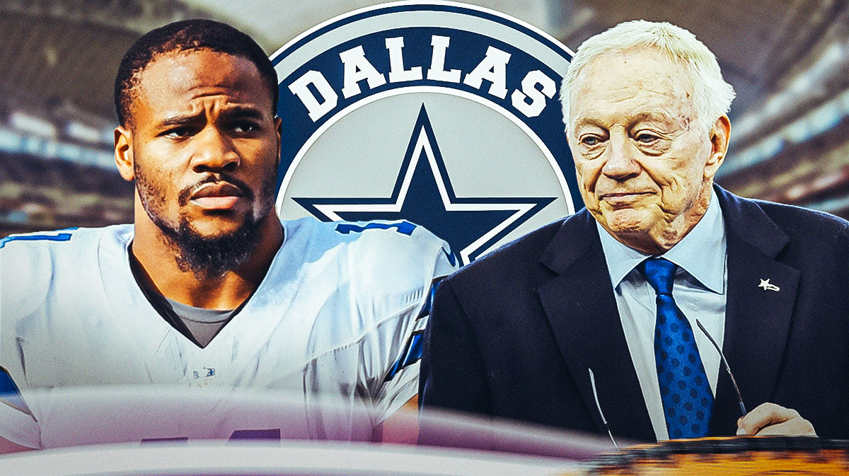 Micah Parsons on the left looking serious. Jerry Jones on the right looking serious. Dallas Cowboys logo in the middle.