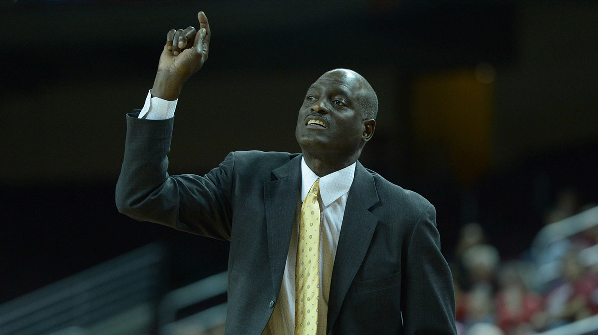 Southern California Trojans coach Michael Cooper reacts against the Stanford Cardinal at the Galen Center.