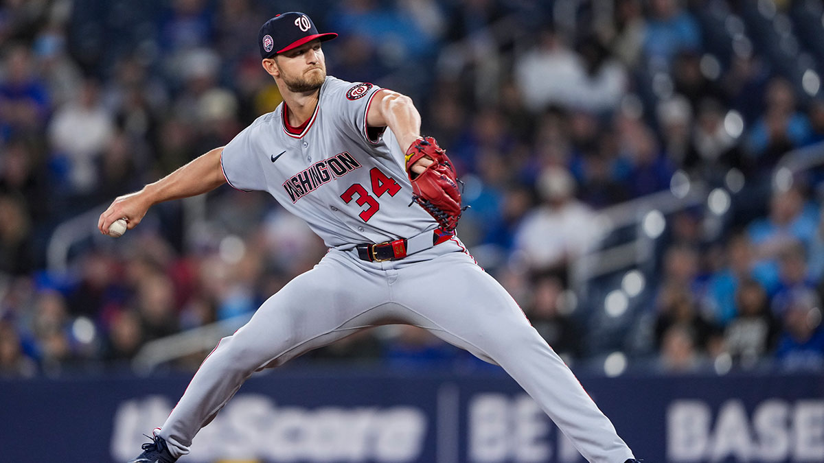 Washington Nationals pitcher Michael Soroka (34) pitches to the Toronto Blue Jays during the first inning at Rogers Centre.