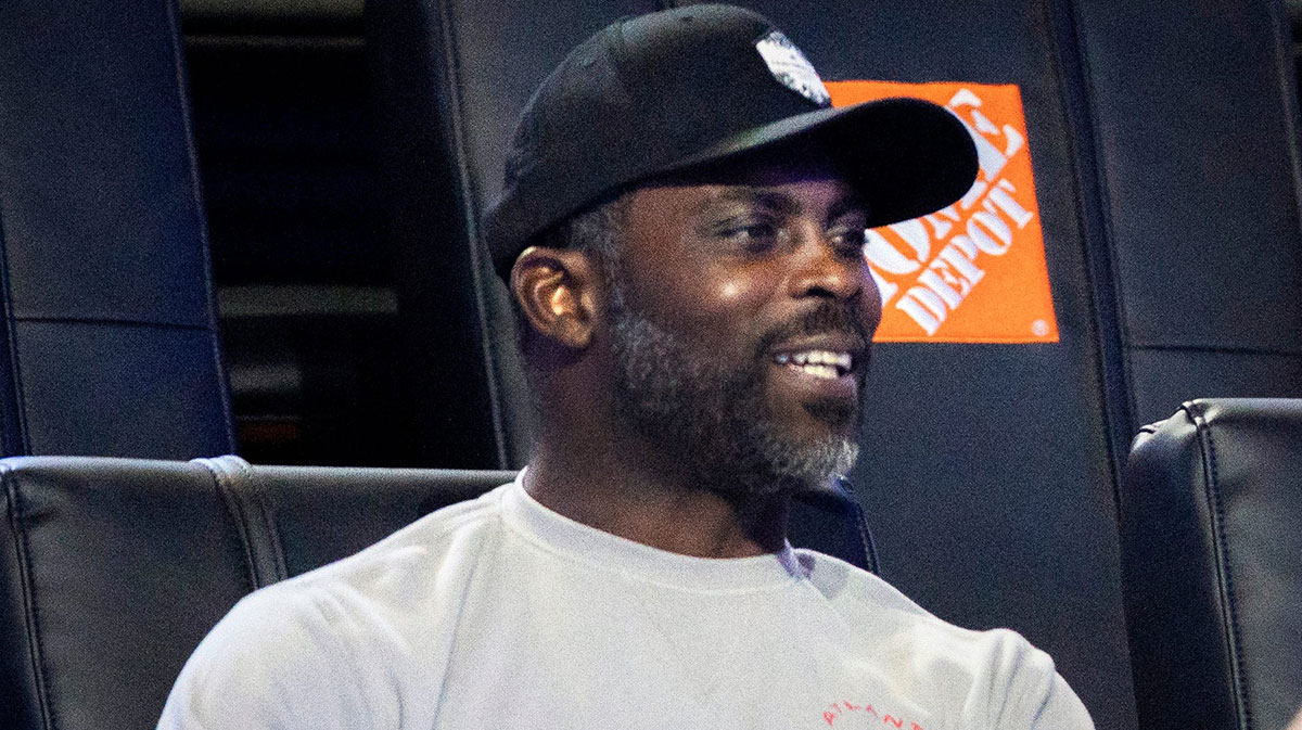 Former Atlanta Falcons quarterback Michael Vick attends Bay Golf Club against Atlanta Drive GC in the TGL semifinal match at SoFi Center on March 18, 2025, in Palm Beach Gardens, Florida.