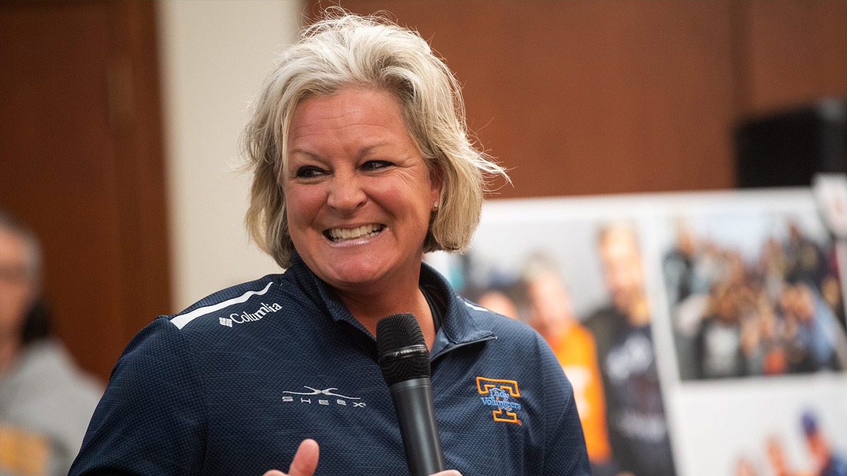 Michelle Marciniak, 1996 Lady Vol National Champion and SHEEX, Inc. founder, at left, smiles as she speaks before a panel about the 13 women's basketball players who will arrive in Knoxville after fleeing Taliban-controlled Afghanistan during an event on the University of Tennessee campus on Wednesday, March 8, 2023. Kns Afghan Women Athlete Refugees Bp Mandatory Credit: © Brianna Paciorka/News Sentinel / USA TODAY NETWORK