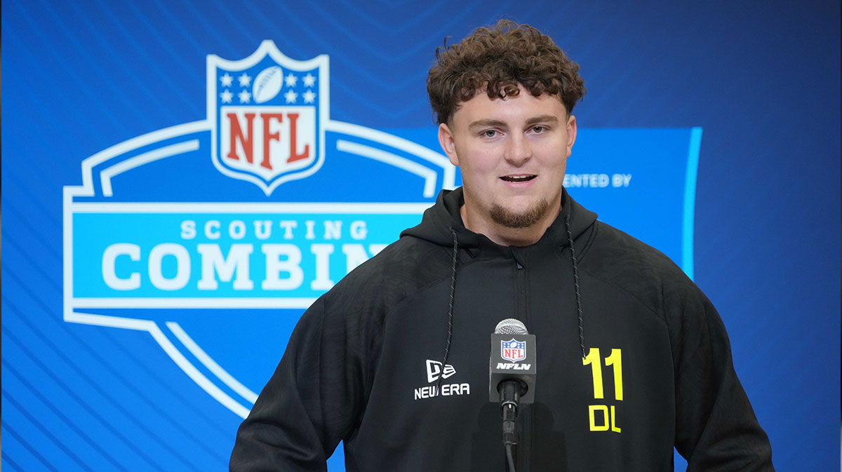 Michigan defensive lineman Mason Graham (DL11) during the 2025 NFL Scouting Combine at the Indiana Convention Center.