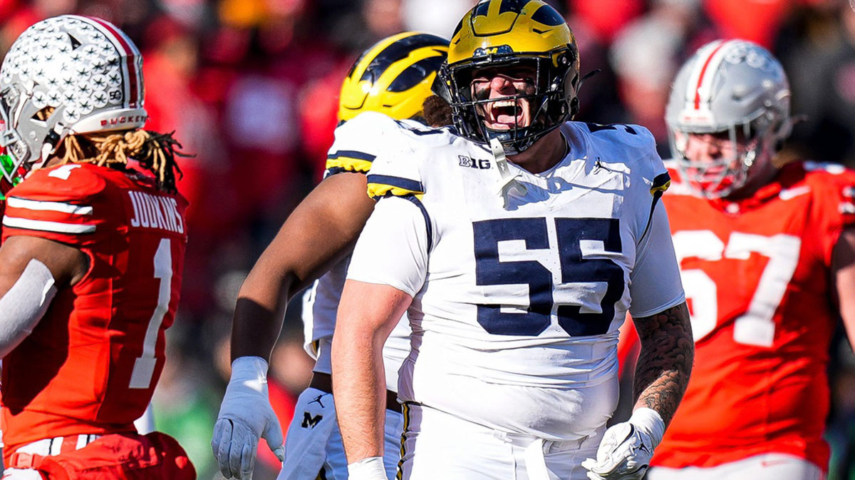 Michigan defensive lineman Mason Graham (55) celebrates a play against Ohio State during the second half at Ohio Stadium in Columbus, Ohio on Saturday, Nov. 30, 2024.