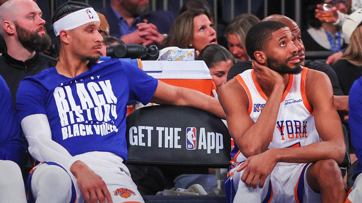 New York Knicks guard Josh Hart (3) and forward Mikal Bridges (25) watch from the bench in the final minutes of the fourth quarter against the Boston Celtics at Madison Square Garden.