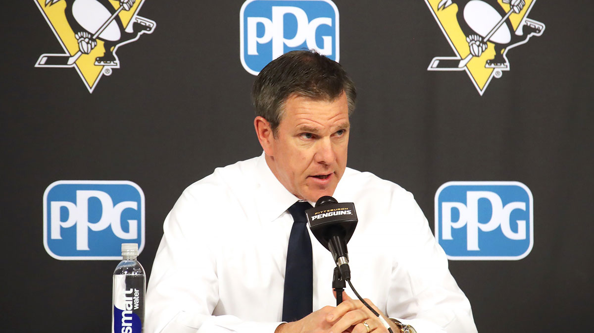 Pittsburgh Penguins head coach Mike Sullivan address the media after the game against the New York Rangers at PPG Paints Arena