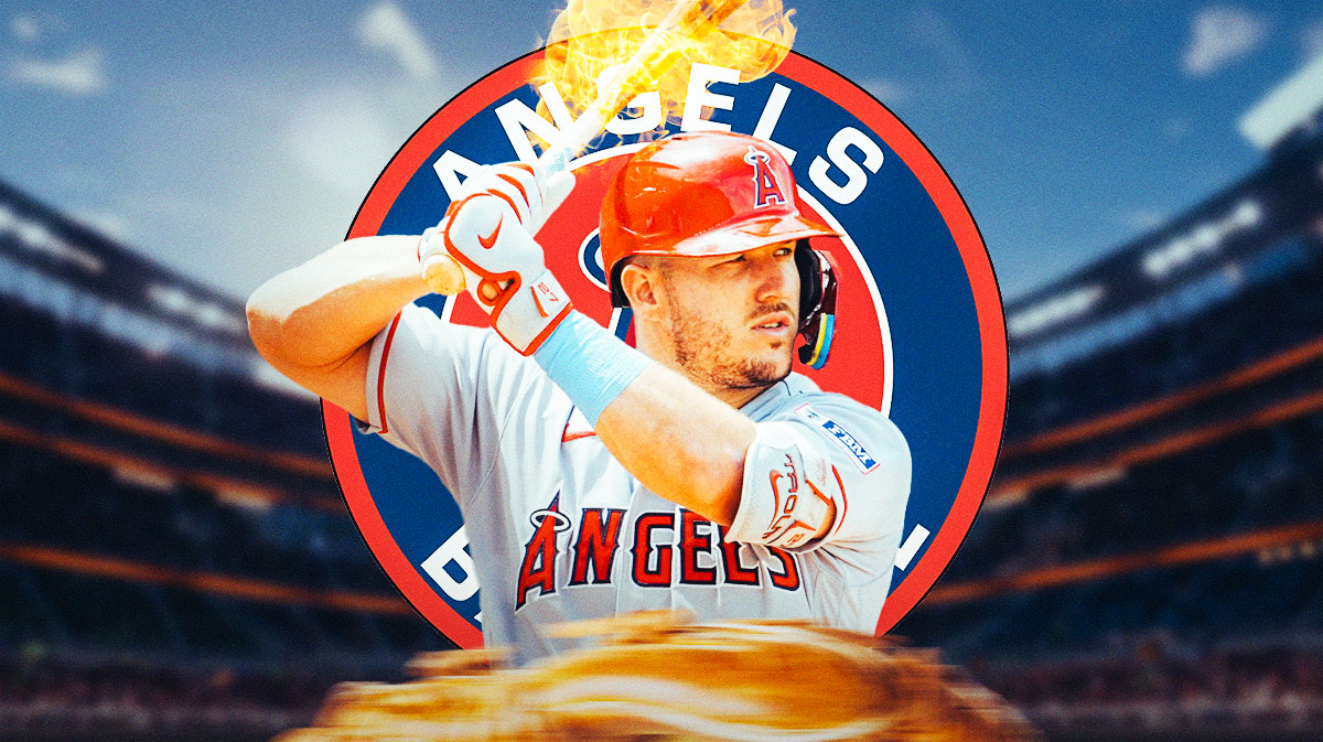Mike Trout playing baseball and surrounded by fire. LA Angels logo next to him