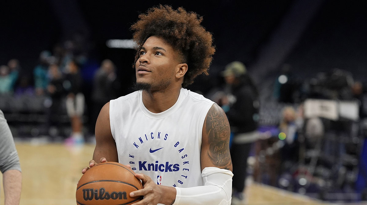 New York Knicks guard Miles McBride (2) during pregame warmups against the Charlotte Hornets at Spectrum Center