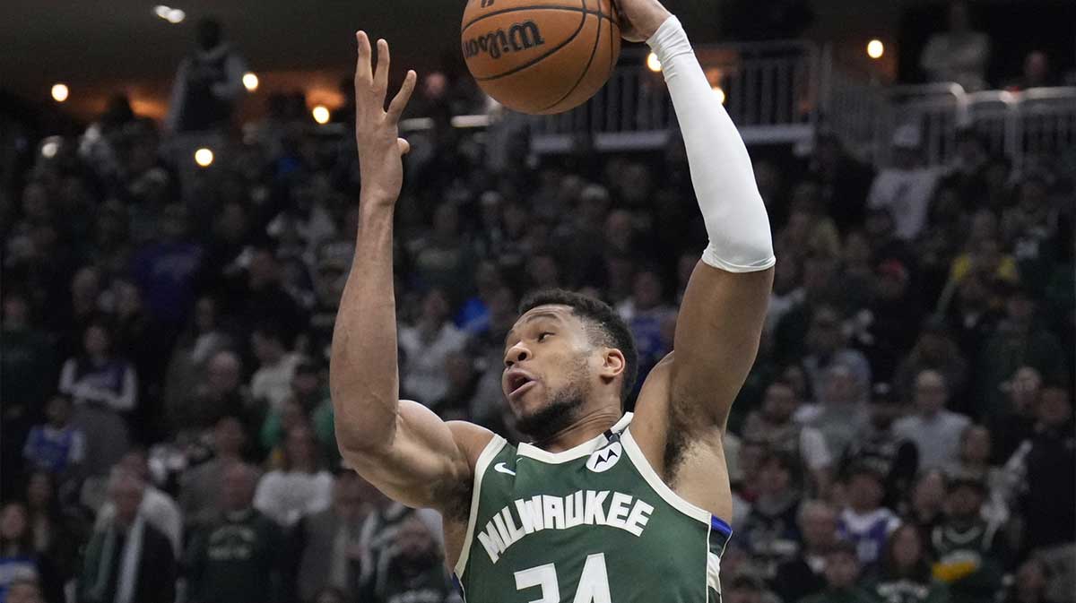 Milwaukee Bucks forward Giannis Antetokounmpo (34) grabs a rebound in the first half against the Indiana Pacers during game three of first round for the 2024 NBA Playoffs at Fiserv Forum