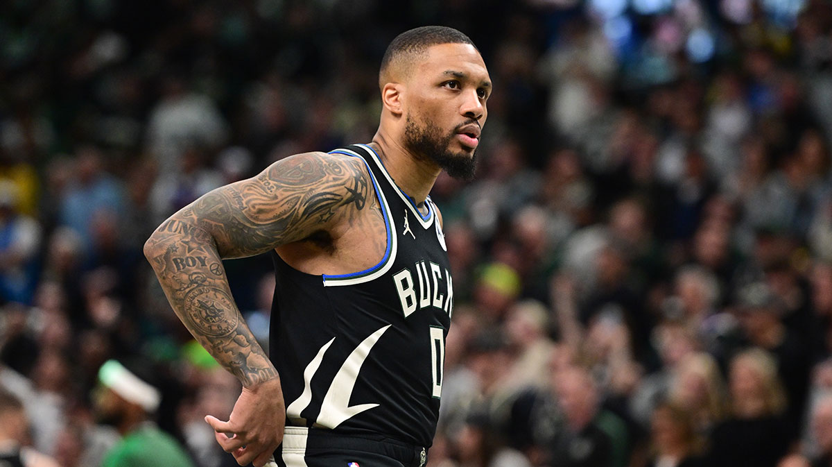Milwaukee Bucks guard Damian Lillard (0) looks on in the first quarter during game four against the Indiana Pacers of first round for the 2024 NBA Playoffs at Fiserv Forum. Lillard left the game early in the in the first quarter with an injury.