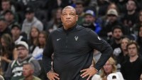 Milwaukee Bucks head coach Doc Rivers looks on during the first quarter against the Atlanta Hawks at Fiserv Forum.