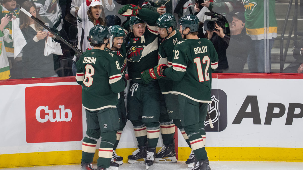 Minnesota Wild left wing Kirill Kaprizov (97) and teammates celebrate a goal against the Vegas Golden Knights in the first period in game three of the first round of the 2025 Stanley Cup Playoffs at Xcel Energy Center.