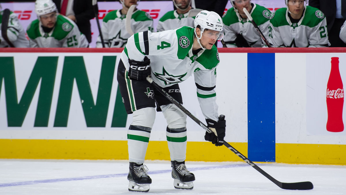 Dallas Stars defenseman Miro Heiskanen (4) gets in position for a faceoff in the second period against the Ottawa Senators at the Canadian Tire Centre.