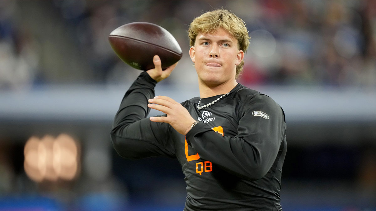 Mississippi quarterback Jaxson Dart (QB03) during the 2025 NFL Combine at Lucas Oil Stadium.
