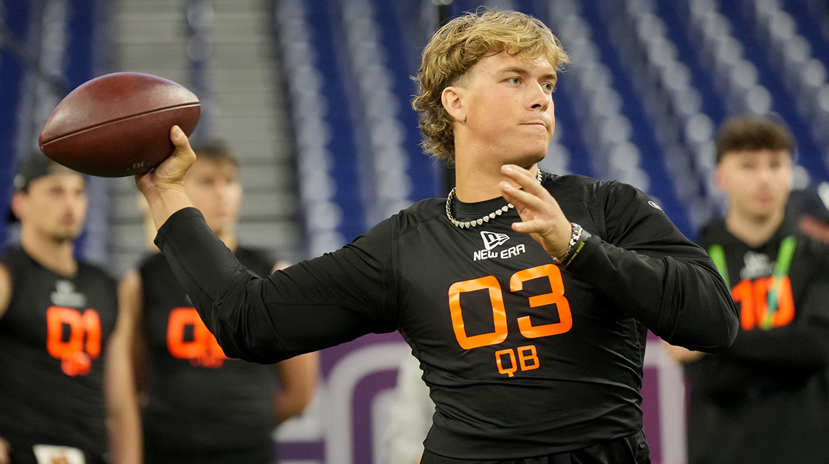 Mississippi quarterback Jaxson Dart (QB03) during the 2025 NFL Combine at Lucas Oil Stadium.