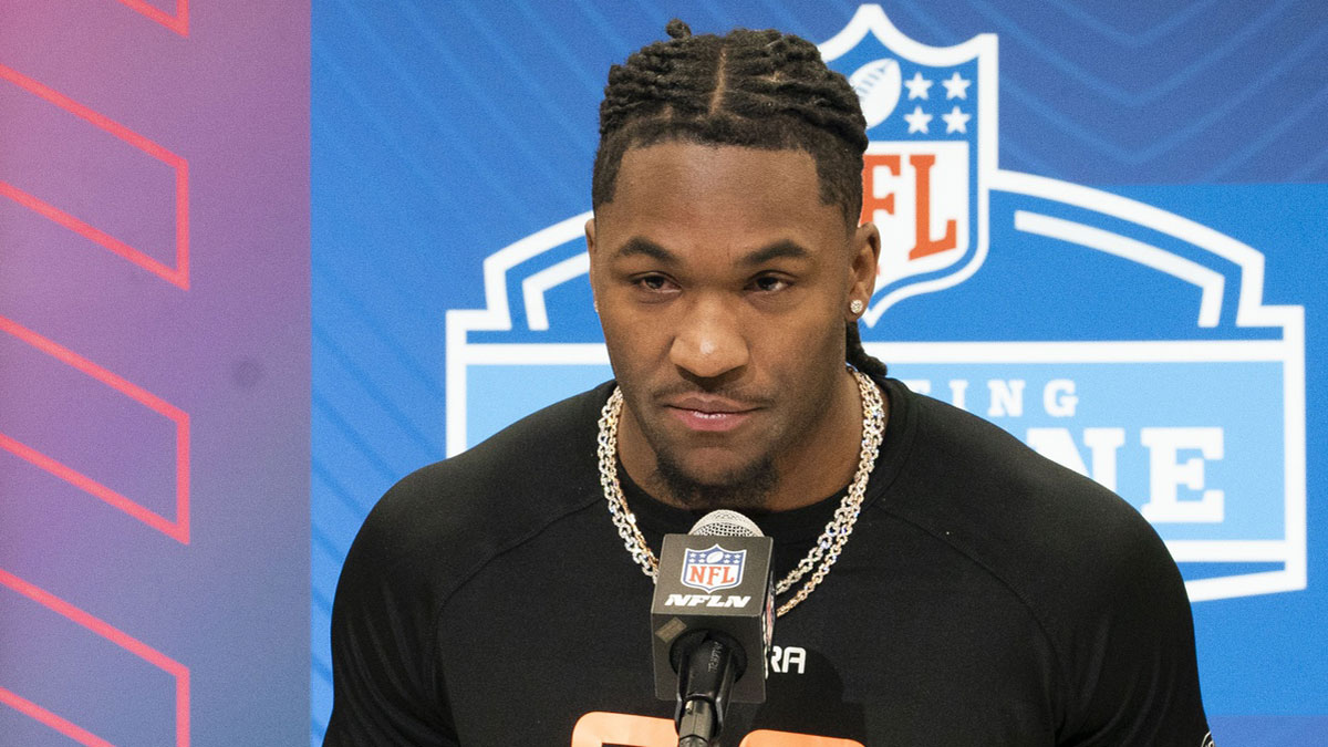 Missouri wideout Luther Burden III (WO09) answers questions at a press conference during the 2025 NFL Combine at Indiana Convention Center.