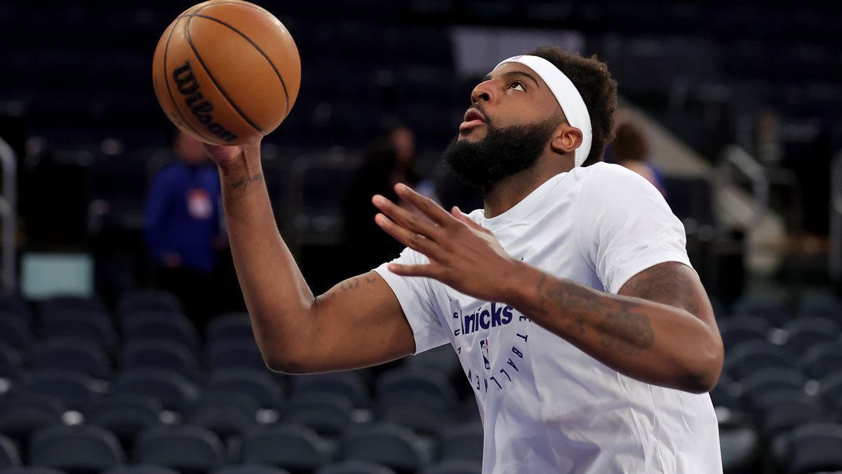 New York Knicks center Mitchell Robinson (23) warms up before game two of first round of the 2024 NBA Playoffs against the Detroit Pistons at Madison Square Garden.