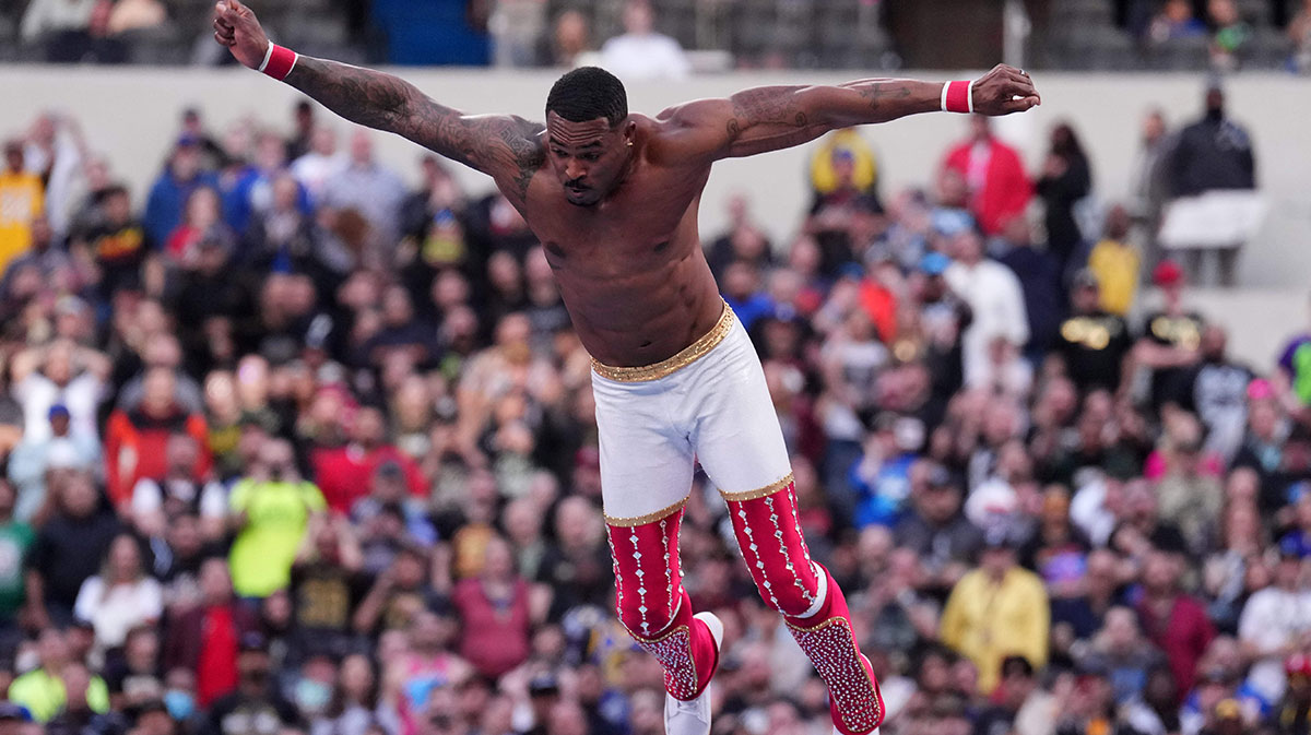 WWE star Montez Ford of the Street Profits, who thanked a fan with a prosthetic leg for their help in retaining the Tag Team Championship on SmackDown, at WrestleMania 39.