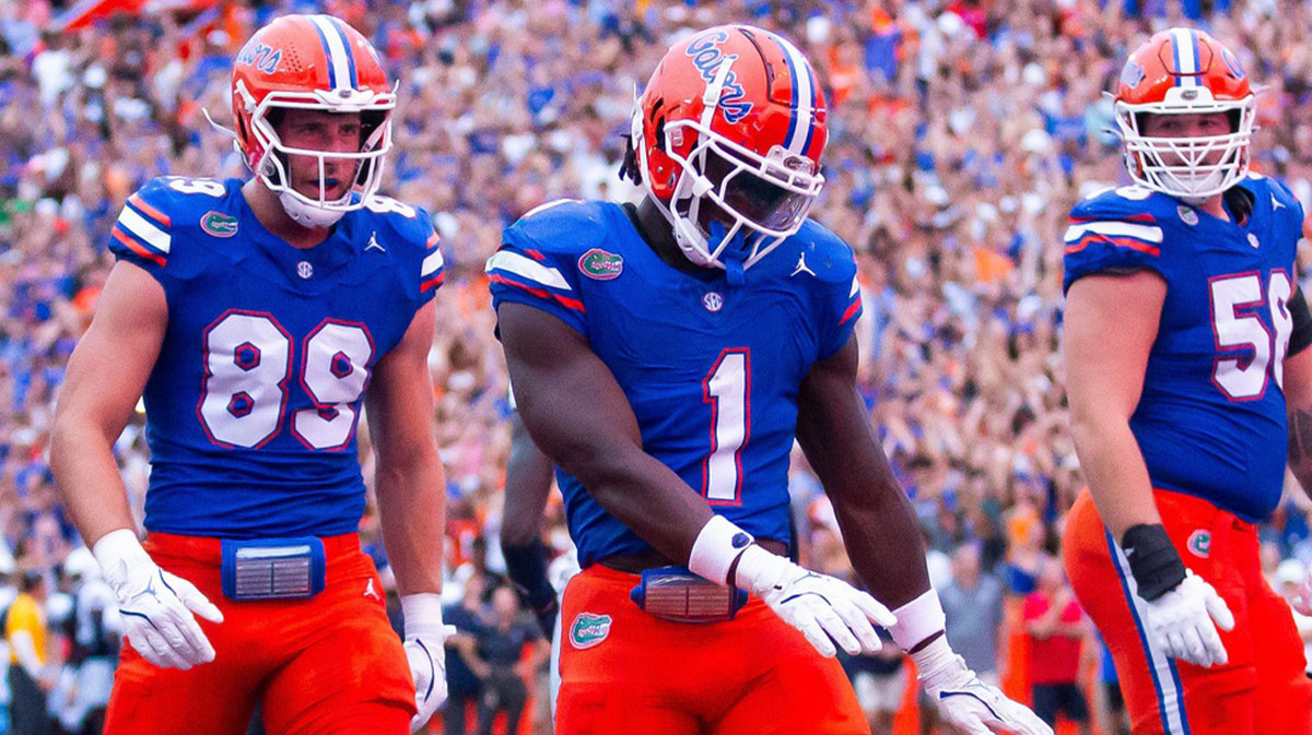 Florida Gators running back Montrell Johnson Jr. (1) celebrates his touchdown during the first half at Ben Hill Griffin Stadium in Gainesville, FL on Saturday, September 7, 2024 against the Samford Bulldogs.