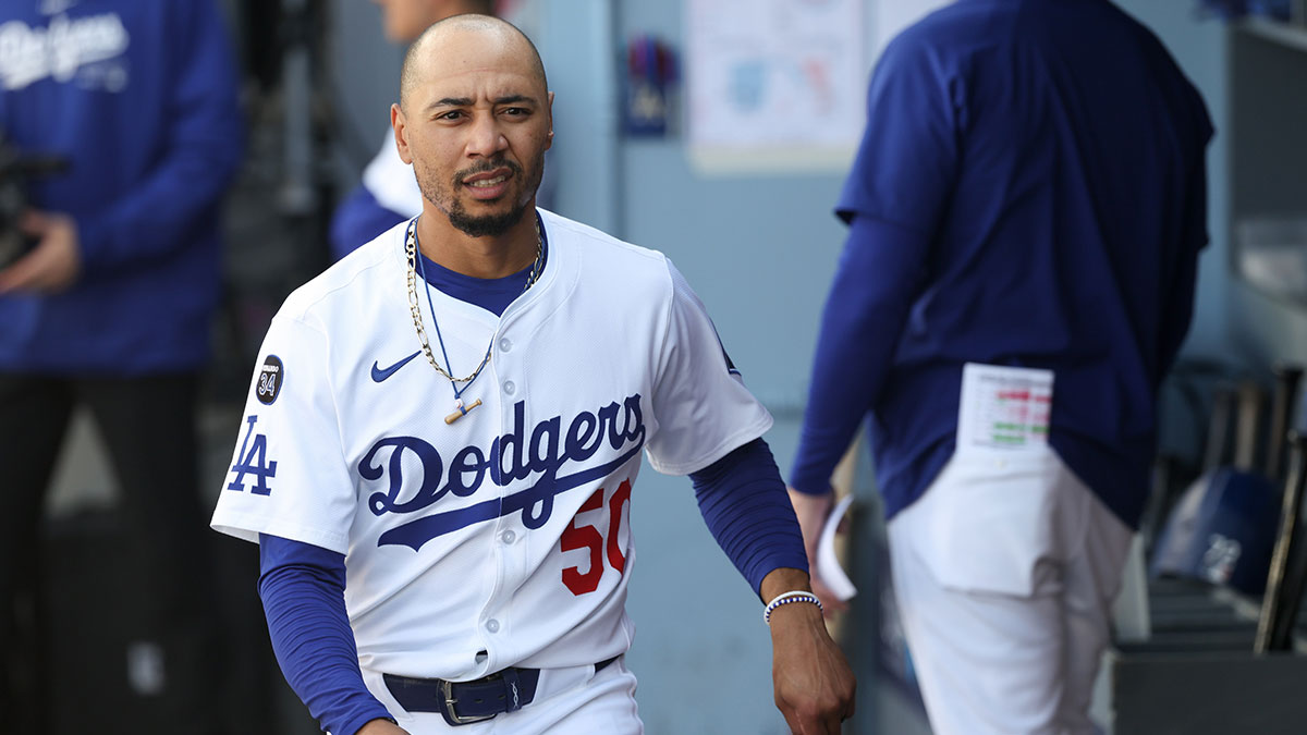 Los Angeles Dodgers shortstop Mookie Betts (50) looks on before the game against the Chicago Cubs at Dodger Stadium. Mandatory Credit: Kiyoshi Mio-Imagn Images