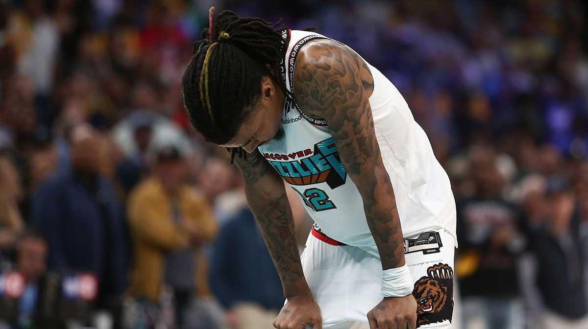 Memphis Grizzlies guard Ja Morant (12) waits to shoot a free throw during the second quarter against the Oklahoma City Thunder during game three for the first round of the 2024 NBA Playoffs at FedExForum.