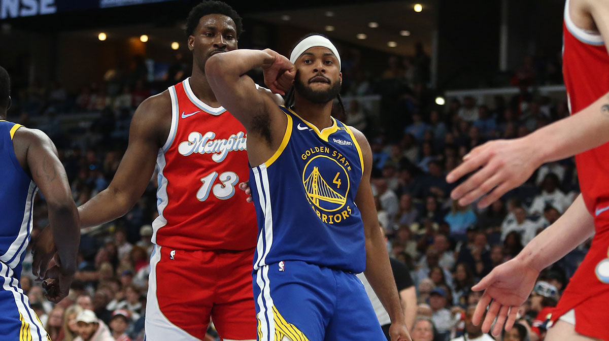 Golden State Warriors guard Moses Moody (4) reacts during the third quarter against the Memphis Grizzlies at FedExForum.
