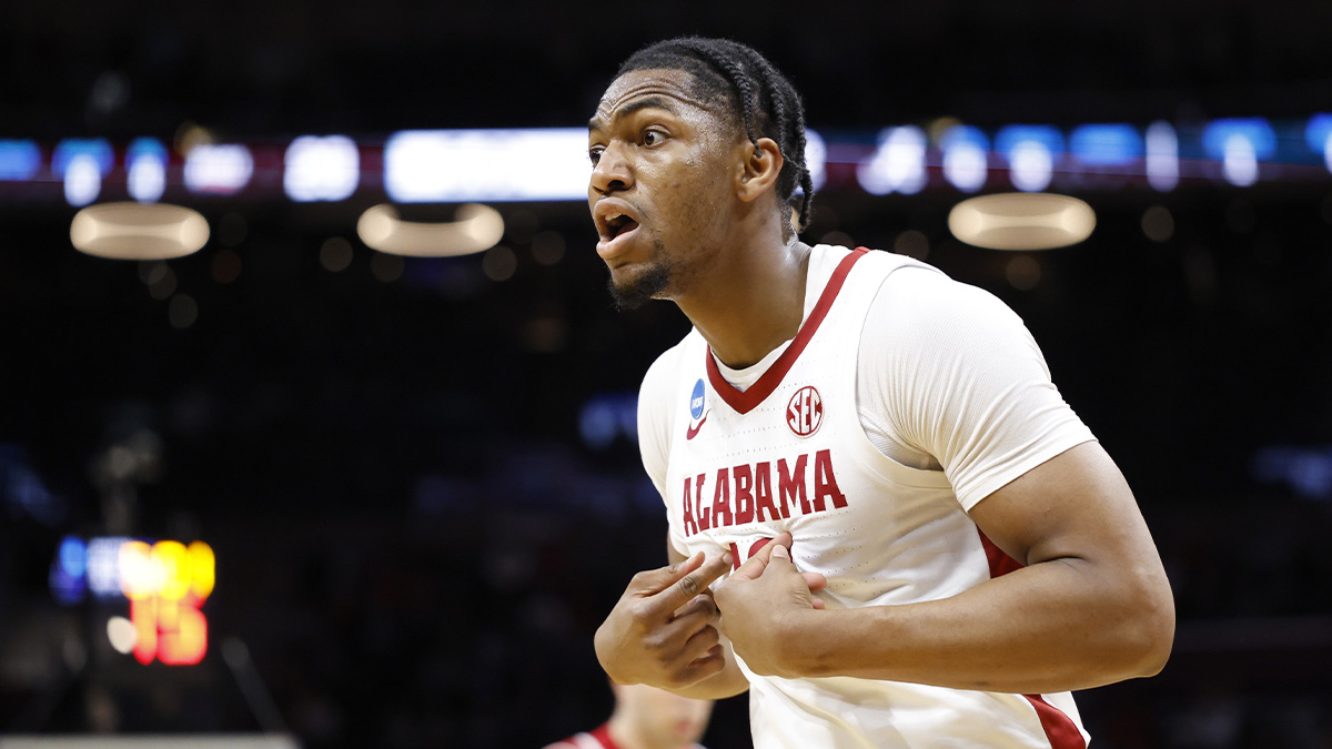 Mar 21, 2025; Cleveland, OH, USA; Alabama Crimson Tide forward Mouhamed Dioubate (10) reacts in the first half against the Robert Morris Colonials during the NCAA Tournament First Round at Rocket Arena. Mandatory Credit: Rick Osentoski-Imagn Images