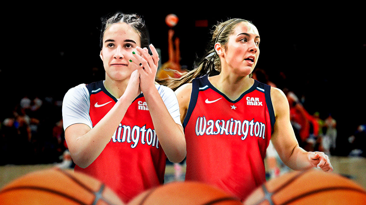 Georgia Amoore smiles and puts her arm around Sonia Citron. Both in Mystics jerseys.