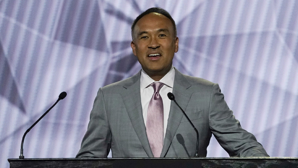 NBA deputy commissioner Mark Tatum announces the results during the 2022 NBA Draft Lottery at McCormick Place.