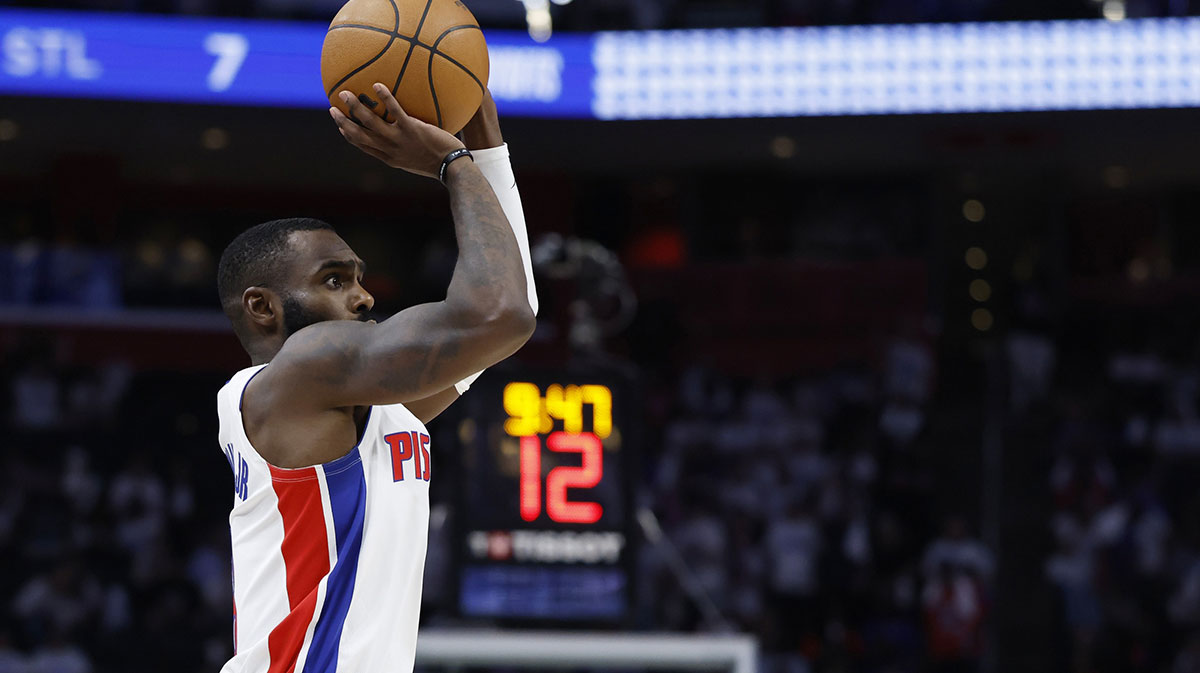Detroit Pistons forward Tim Hardaway Jr. (8) shoots in the second half against the New York Knicks during game three of first round for the 2024 NBA Playoffs at Little Caesars Arena.