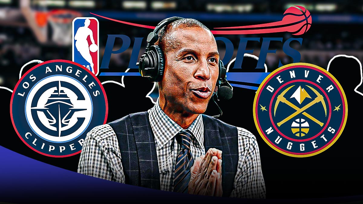 Reggie Miller with a headset on, and a silhouette of fans in the background, as well as the Nuggets and Clippers logos, in addition to the NBA playoffs logo.