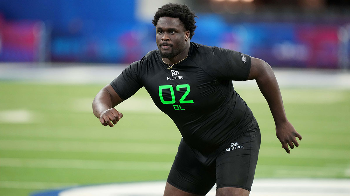 NC State offensive lineman Anthony Belton (OL02 during the 2025 NFL Scouting Combine at Lucas Oil Stadium.