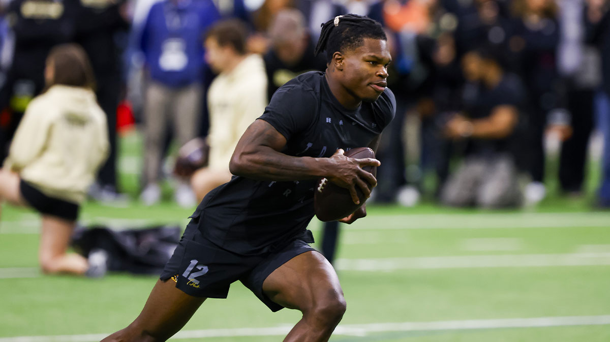 Colorado Buffaloes wide receiver Travis Hunter (12) runs drills at the University of Colorado NFL Showcase at the CU Indoor Practice Facility.