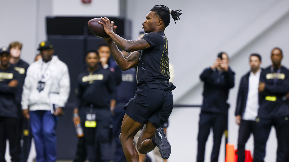 Colorado Buffaloes wide receiver Travis Hunter (12) makes a catch at the University of Colorado NFL Showcase at the CU Indoor Practice Facility.