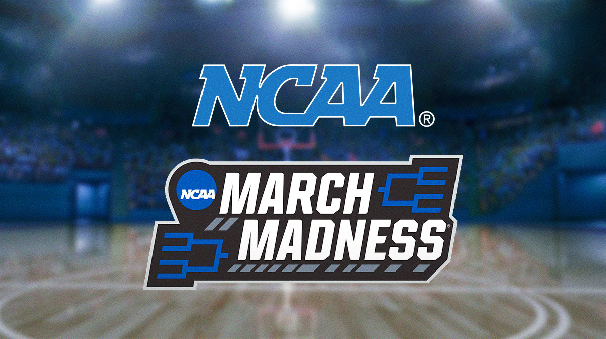 The NCAA logo, along with the March Madness logo in the background.