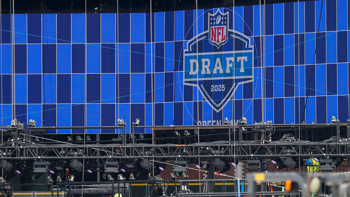 A video board displays the 2025 NFL Draft logo as the NFL Draft Theater is under construction on Thursday, April 17, 2025, at Lambeau Field in Green Bay, WI. The 2025 NFL Draft will be held April 24-26. Tork Mason/USA TODAY NETWORK-Wisconsin