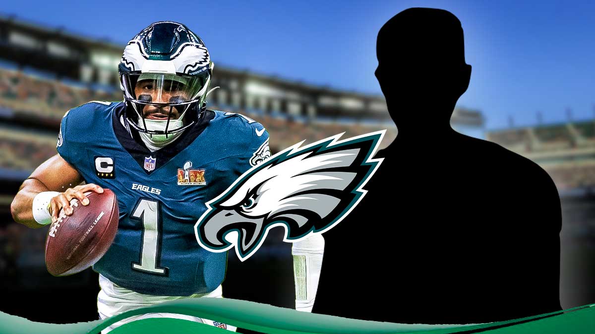 A silhouette of a man on the right. Eagles logo in the middle. Jalen Hurts on the left.