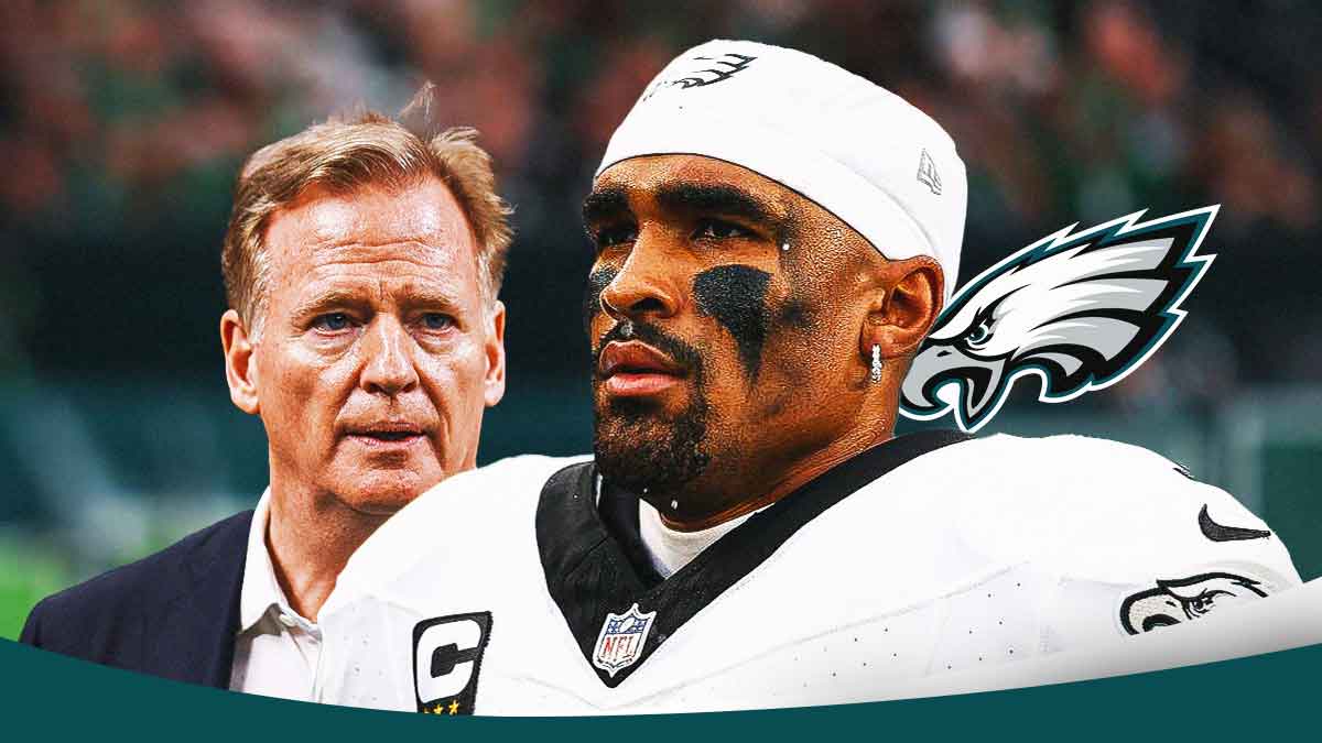 Roger Goodell looking at Jalen Hurts and the Philadelphia Eagles logo