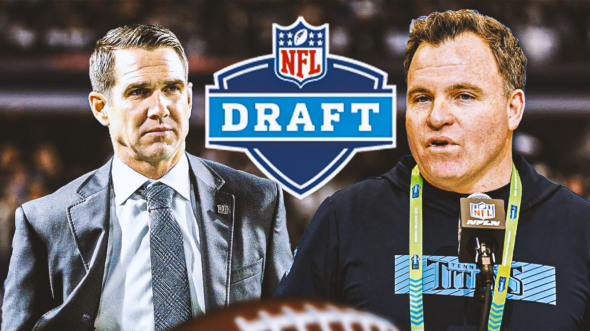 Giants Joe Schoen (left) with Titans Mike Borgonzi (right). 2025 NFL Draft logo in between them