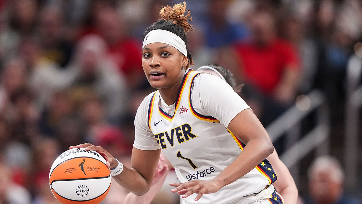 Indiana Fever forward NaLyssa Smith (1) rushes up the court Friday, July 12, 2024, during the game at Gainbridge Fieldhouse in Indianapolis. The Indiana Fever defeated the Phoenix Mercury, 95-86.