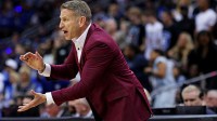 Alabama Crimson Tide head coach Nate Oats calls to his team during the first half against the Duke Blue Devils in the East Regional final of the 2025 NCAA tournament at Prudential Center.