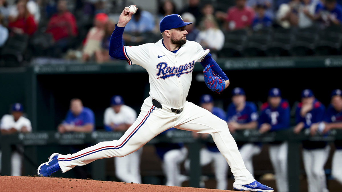 Texas Rangers starting pitcher Nathan Eovaldi (17) throws during the first inning against the Oakland Athletics at Globe Life Field.