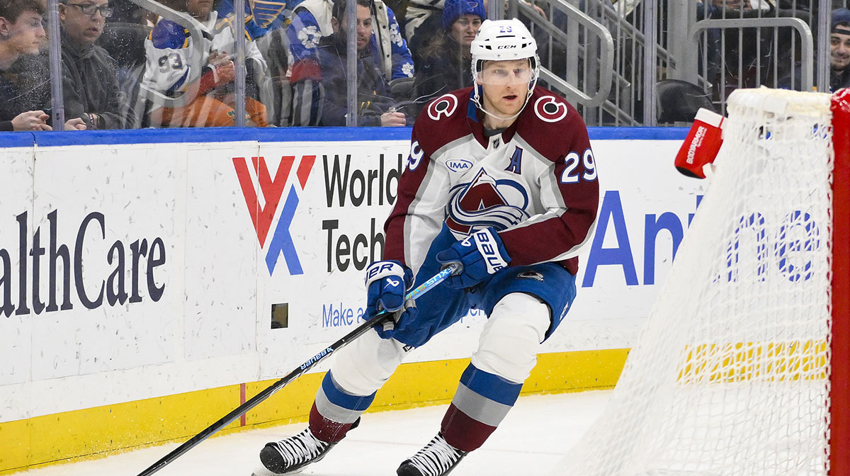 Colorado Avalanche center Nathan MacKinnon (29) controls the puck against the St. Louis Blues during the third period at Enterprise Center.