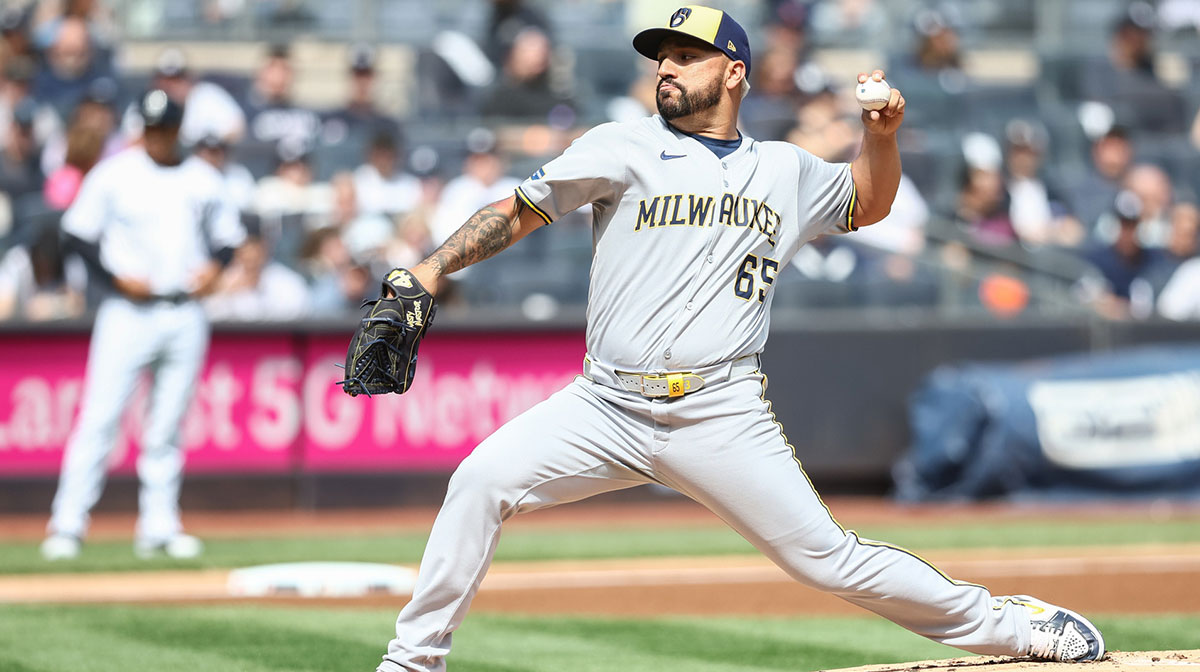 Milwaukee Brewers starting pitcher Nestor Cortes (65) pitches in the first inning against the New York Yankees at Yankee Stadium.
