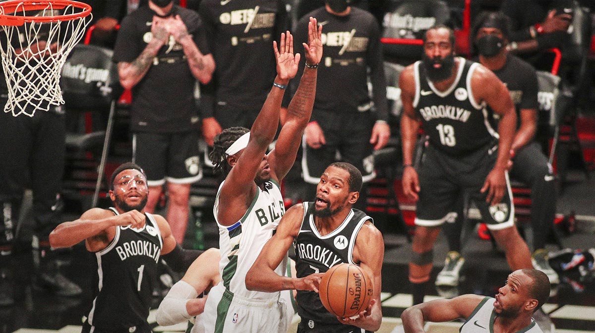 Brooklyn Nets forward Kevin Durant (7) drives to the basket against the Milwaukee Bucks in the fourth quarter during game seven in the second round of the 2021 NBA Playoffs at Barclays Center.