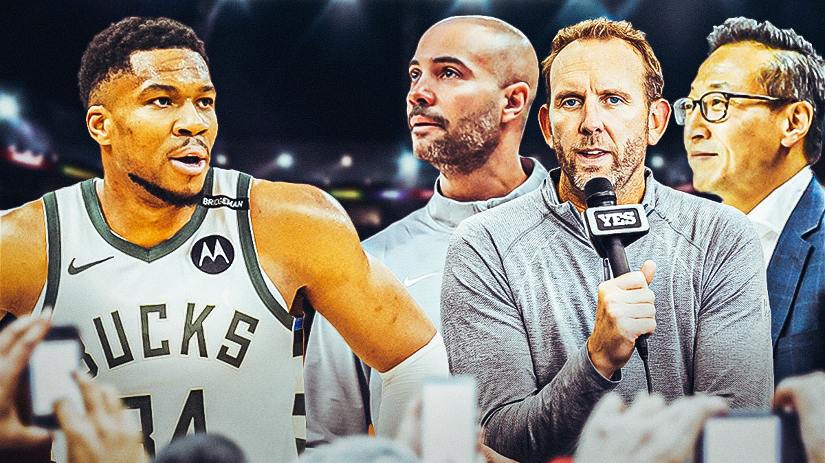 Joe Tsai, Sean Marks, and Jordi Fernandez looking at Giannis Antetokounmpo