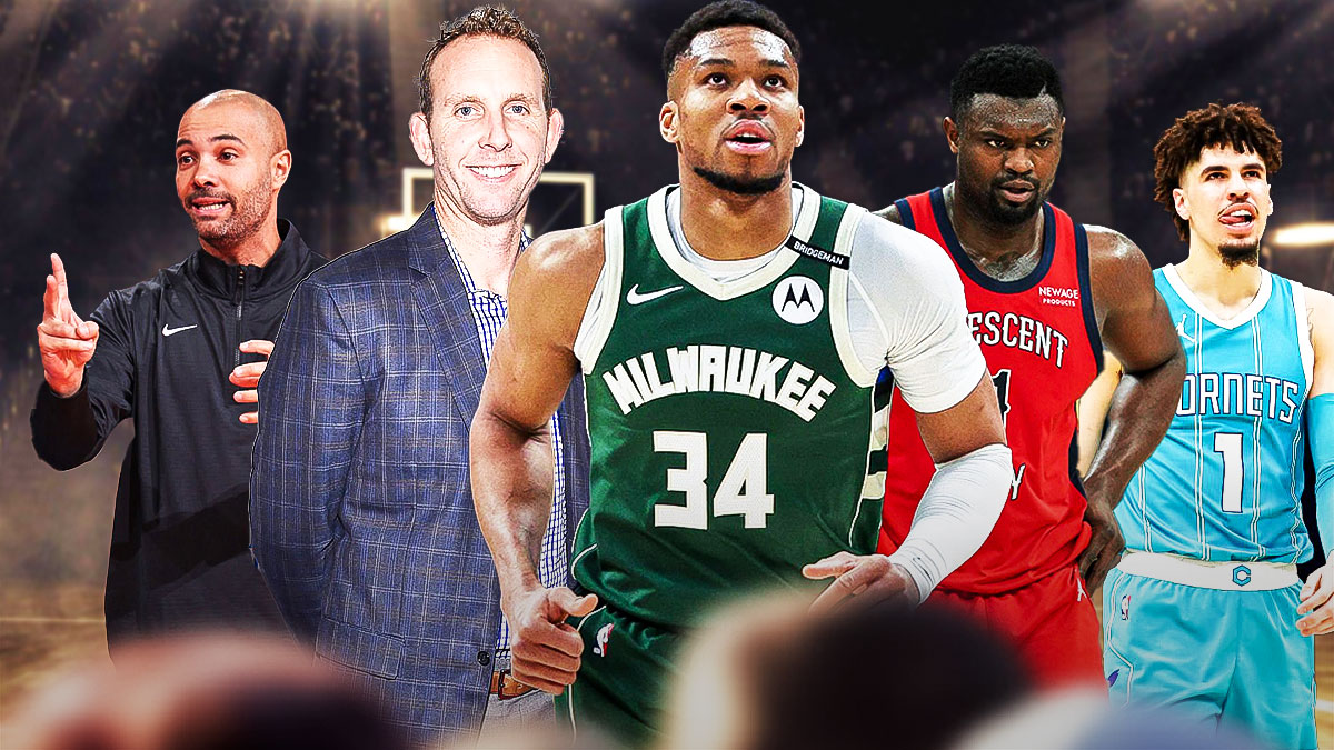 Sean Marks and Jordi Fernandez on one side with Giannis Antetokounmpo, Zion Williamson, and LaMelo Balll on the other
