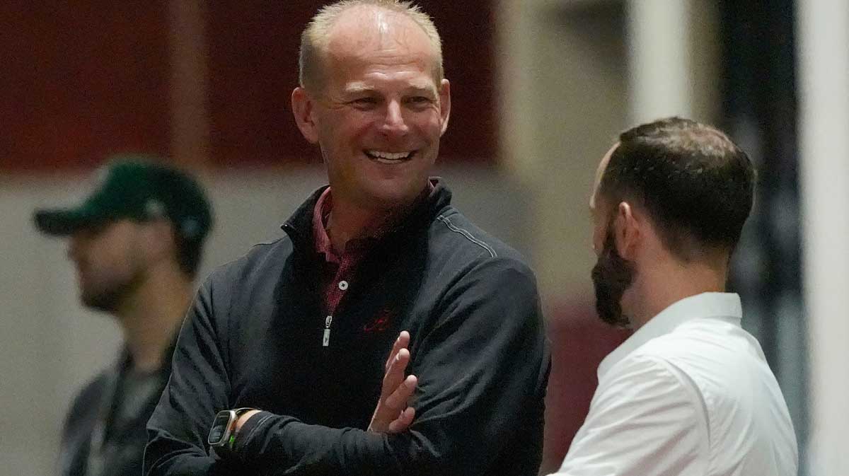 Alabama head caoch Kalen DeBoer watches the workouts at the University of Alabama Pro Day as several Crimson Tide players worked out for NFL teams in the Hank Crisp Indoor Practice Facility.
